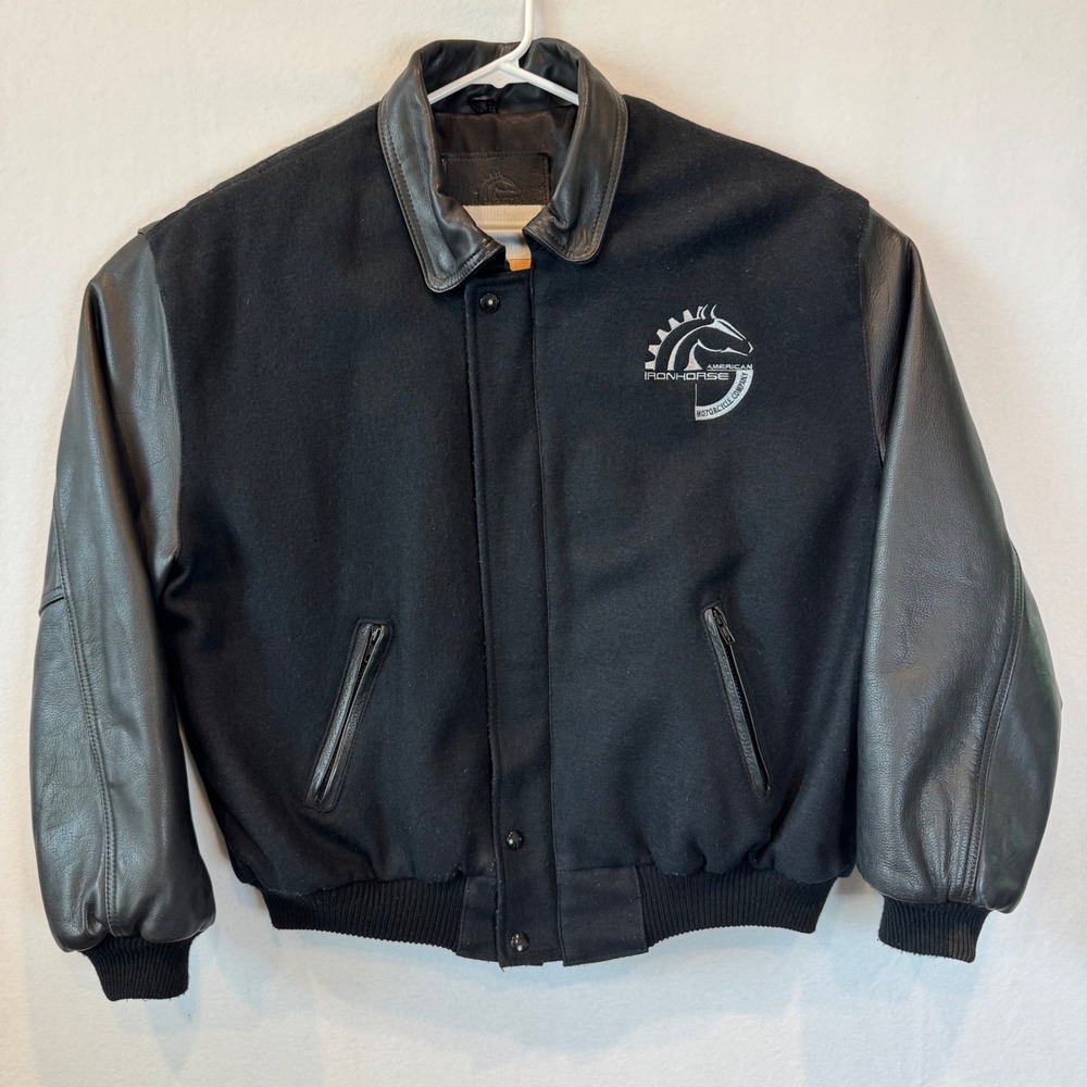 American Ironhorse Motorcycle Company Leather Wool Varsity Bomber Jacket Black L